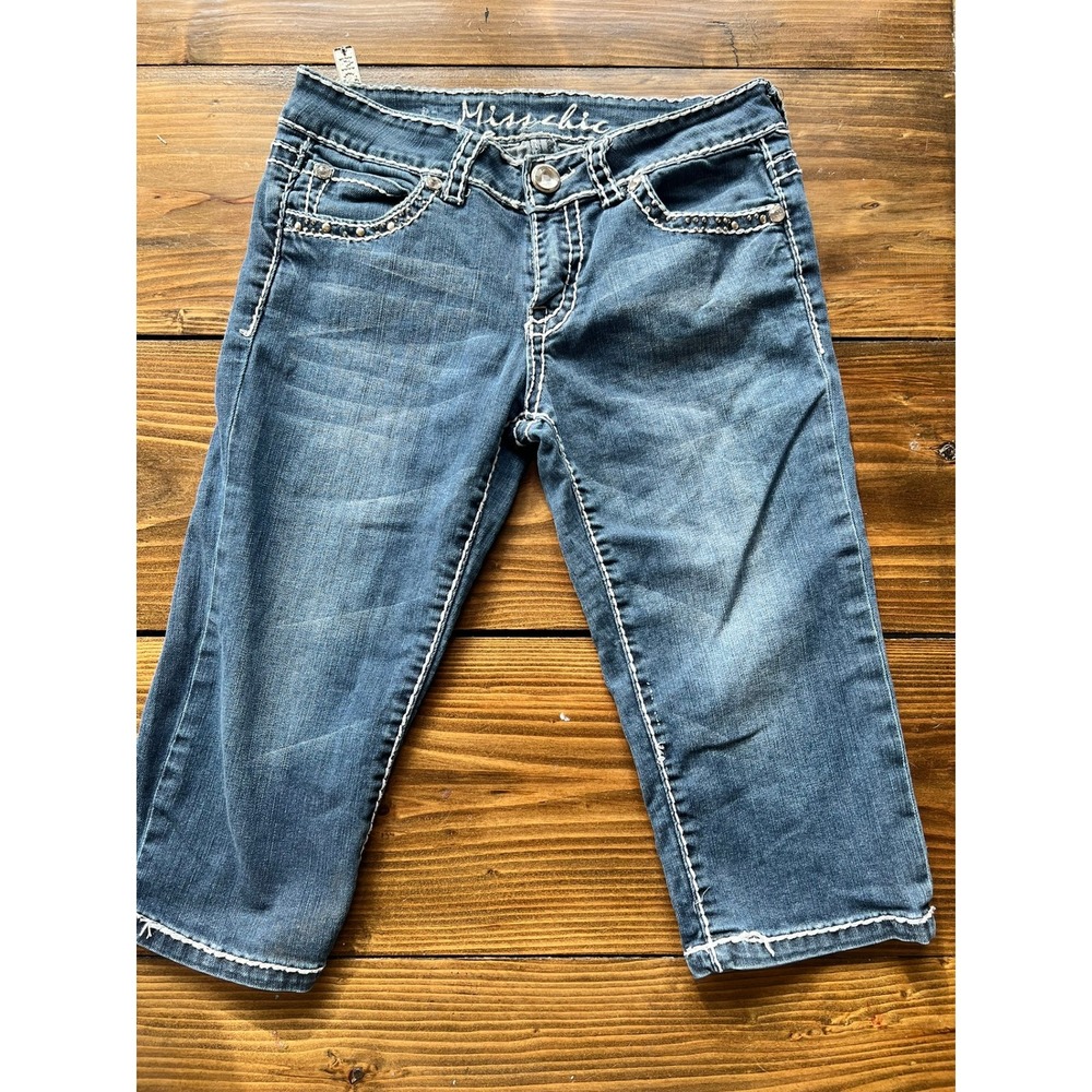 Miss Chic Womens Blue Denim Capri Jeans Thick Stitch Rhinestone Size 7 M312
